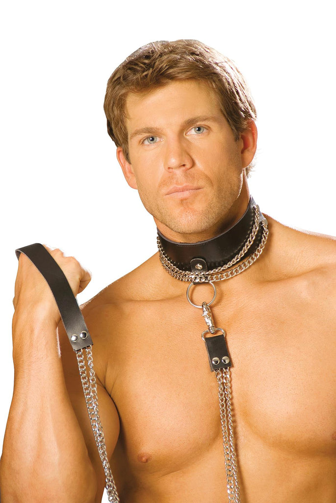 Leather choker with chain and detachable chain leash. *Available Boxed