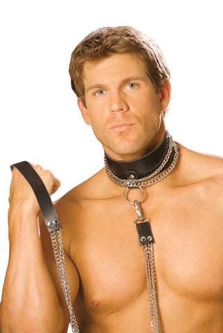 Leather choker with chain and detachable chain leash. *Available Boxed