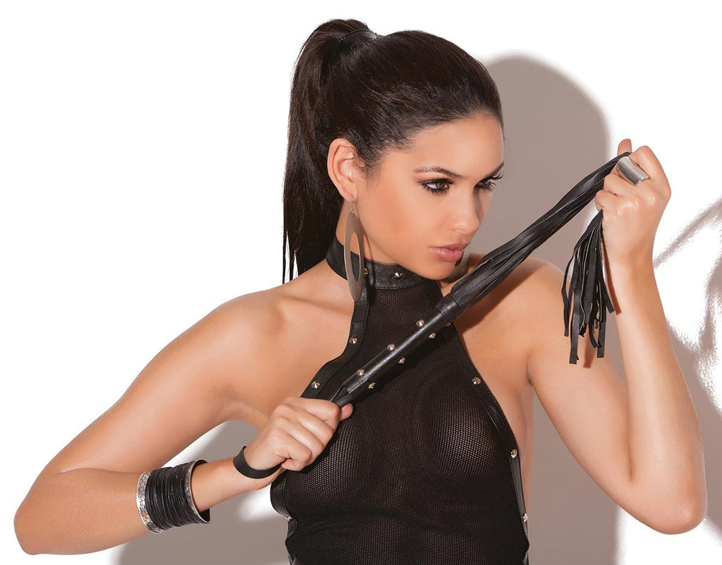 Leather whip with studs.