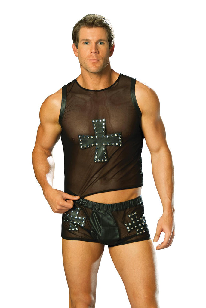 Leather and mesh shorts with cross and nail head detail.