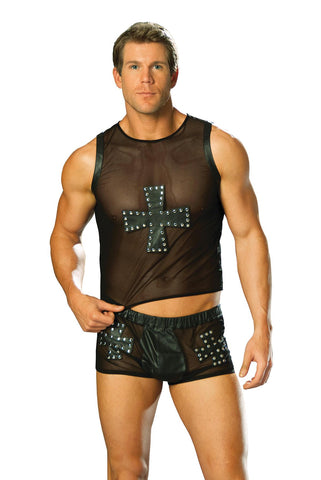 Leather and mesh shorts with cross and nail head detail.
