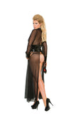 Mesh and vinyl long sleeve gown with adjustable hook and eye back closure. Matching g-string included.