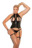 Vinyl cupless bustier with buckle detail, boning and back zipper closure. Garters are adjustable and detachable.