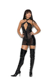 Vinyl and fishnet mini dress with keyhole front.