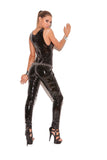 Deep V vinyl catsuit with zipper front.